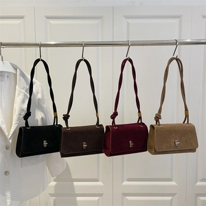 Vintage Women Suede Shoulder Bag Retro Square Crossbody Bag With Gold Hardware Fashion Commuting Satchel Handbag For Daily Use