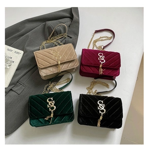 Detailed grid view of quilted velvet chain bags in beige, burgundy, green and black