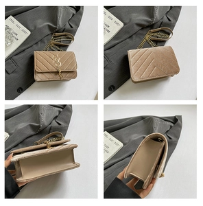 Detailed views of velvet crossbody bag with V-quilt pattern and gold tassel chain