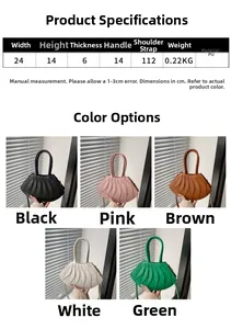 Size chart for fan-shaped PU bag showing dimensions 24x14x6cm and five color options