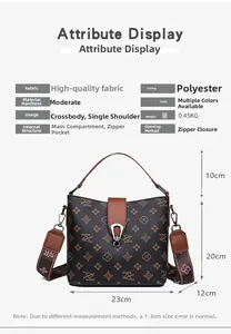 Detailed view of vintage monogram bucket bag with dimensions and brown leather strap