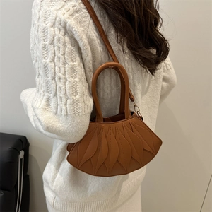 Brown fan-shaped shoulder bag in matte PU leather with layered leaf texture
