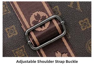 Macro detail of gunmetal adjustable buckle on vintage monogrammed shoulder bag strap