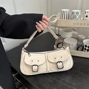 Sac Sous le Bras Vintage Femmes Doubles Poches Rétro Suédine Cuir PU Couleur Unie Baguette Sac à Épaule Casual