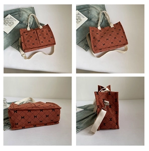 Detail shots of corduroy tote bag with bow print, showing multi-angle structure and pockets