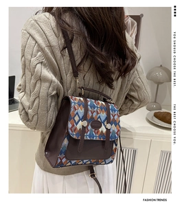 Close-up of vintage patchwork backpack showing leather details and geometric fabric pattern