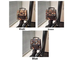 Three elegant quilted handbags in khaki, green, and blue with stylish metal clasps