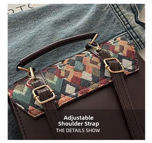 Detail of adjustable shoulder strap and colorful geometric woven fabric on brown bag