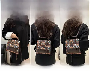 Three-way quilted geometric backpack showing handheld, shoulder and back carrying styles