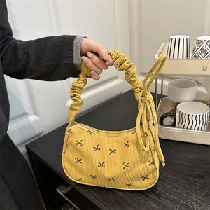 Women Corduroy Underarm Bag Bowknot Print Shoulder Handbag With Scrunchie Strap Casual Versatile Aesthetic Fashion Bag