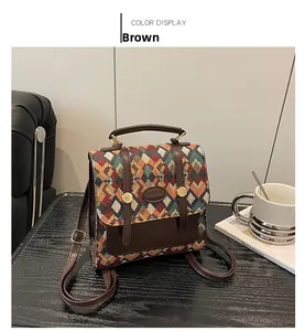 Detail of retro quilted texture and brown leather strap on mini chic backpack