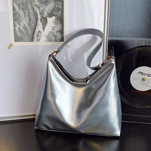 Silver metallic Hobo shoulder bag with mirror finish leather and FASHION BAGS logo