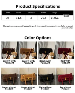 Detailed size chart and dimensions of the suede baguette shoulder bag with plush charm