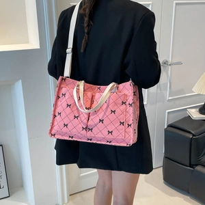 Women Corduroy Tote Bag Large Capacity Shoulder Bag Bowknot Diamond Pattern Crossbody Handbag With Adjustable Strap Daily Fashion Bag