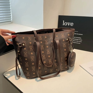 Sac Fourre-tout en Cuir PU à la Mode Avec Porte-monnaie Rond Imprimé Ours Grande Capacité Sac à Épaule Pour Femme École