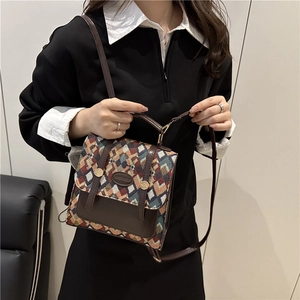 Retro geometric multi-color woven handbag with brown leather trim and handle for women