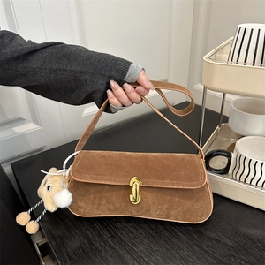 Women Retro Faux Suede Underarm Bag With Bear Plush Pendant Gold Metal Lock Rectangular Shoulder Bag Elegant Handbag