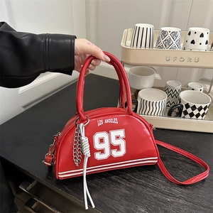 Sac à Main Boston Rétro Américain pour Femme Cuir PU Brillant Sac à Épaule Imprimé LOS ANGELES 95 Petit Sac Bowling Mode Voyage