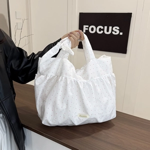 Large Capacity Nylon Ruffle Tote Bag For Women Polka Dot Shoulder Bag With Bow Decoration Fairy Style Daily Shopping Bag