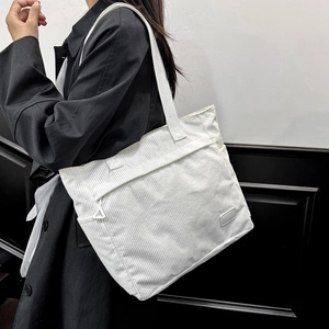 White corduroy tote bag for women with large capacity and vertical stripe texture