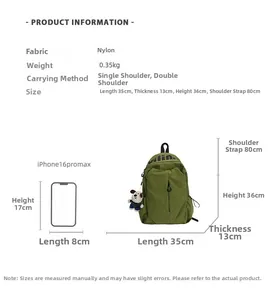 Detailed size chart and specs for green water-resistant nylon backpack with puppy charm