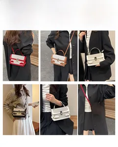 Detailed stitching on contrasting canvas and leather small square crossbody bag with lock