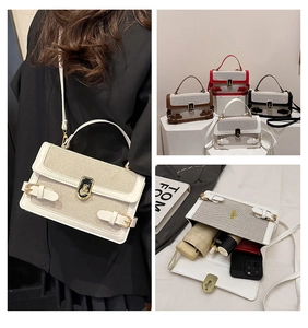 Detailed views of multi-color crossbody bags with metal clasp and interior capacity