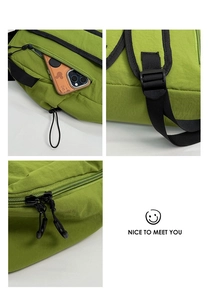 Detail of avocado green backpack showing side zipper pocket and dual metal zippers