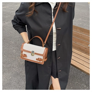 Detail of canvas crossbody bag with brown leather trim and golden metal twist lock