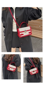 Detail of color-block crossbody bag with red leather trim and gold metal buckle hardware