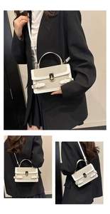 Three-way view of women's beige textured fabric and white leather crossbody bag