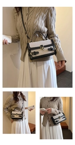 Detail of color-block canvas and leather crossbody bag with golden metal twist lock