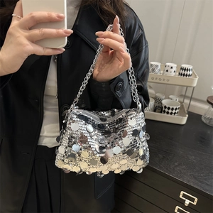 Silver sequin chain bag for women with polished metallic finish for evening parties