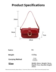 Detailed size specifications of the red PU leather handbag with gold D-ring hardware