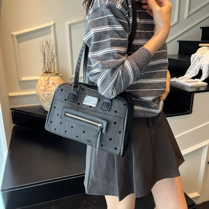 Chic grey polka dot shoulder bag for women with dual black straps and zipper pocket