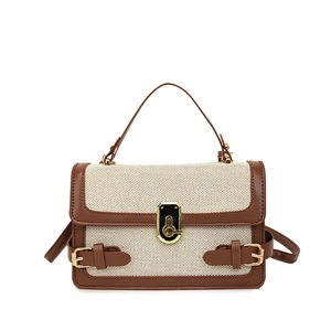 Fashionable contrast stitched small square handbag in cream canvas and brown leather