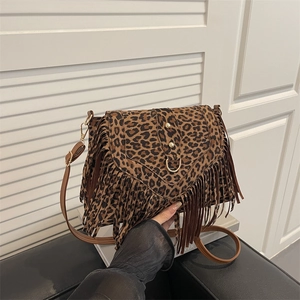 Vintage Faux Suede Tassel Shoulder Bag For Women Bohemian Leopard Print Small Square Crossbody Bag With Magnetic Closure