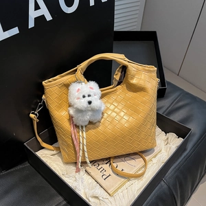 Women Woven Pattern PU Leather Bucket Bag Fashion Handbag With Detachable Shoulder Strap Crossbody Tote Bag For Daily Use