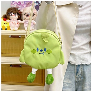Cute green plush crossbody bag with cartoon face embroidery and 3D leg details