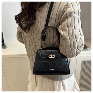 Detail shot of black crocodile pattern leather bag featuring gold CD clasp and strap