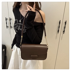 Detailed close-up of dark brown leather crossbody bag featuring gold hardware and chain strap