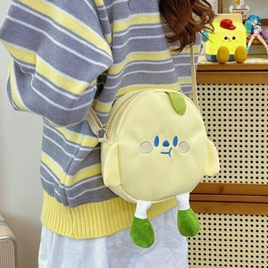 Cute yellow canvas cylinder crossbody bag with cartoon embroidery and 3D doll feet