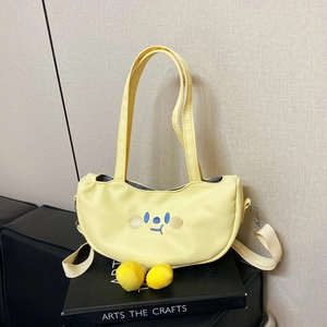 Cute yellow half-moon canvas crossbody bag with cartoon embroidery and plush 3D feet
