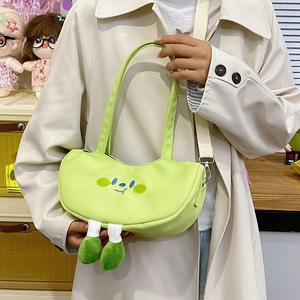 Cute green canvas shoulder bag with cartoon embroidery and 3D plush legs for women