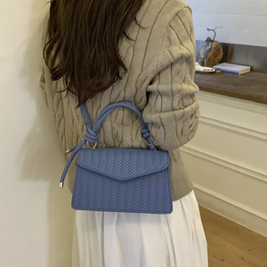 Chic light blue woven texture flap handbag with knotted handle for women
