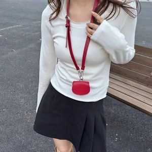 Mini semi-circle red leather waist bag with adjustable strap and silver metal hardware