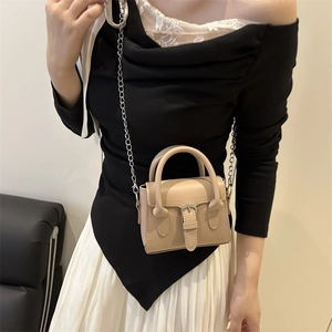 Chic beige mini leather handbag with silver chain strap and decorative buckle for women
