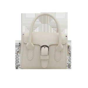 Mini cream white handbag with silver buckle and metal chain strap in high-quality leather