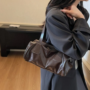 Retro dark brown glossy barrel underarm bag for women with wide shoulder strap