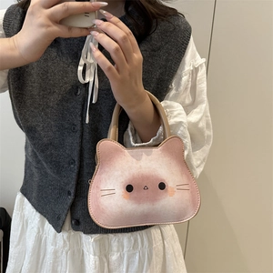 Pink gradient cat shaped tote bag with minimalist feline face and leather straps